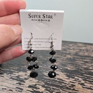 Black Crystal Cascade Earrings with Silver Hooks